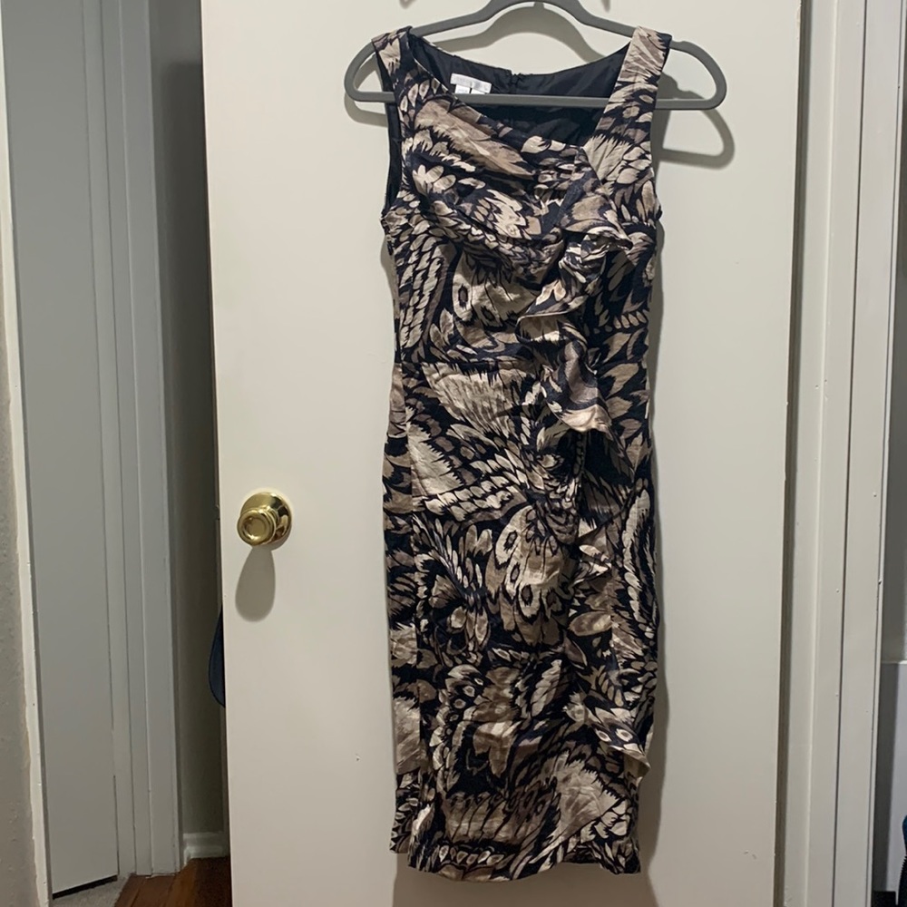 London Times Dress sz 4 Glitter Floral Pattern Nude Black Brown Peacock Style